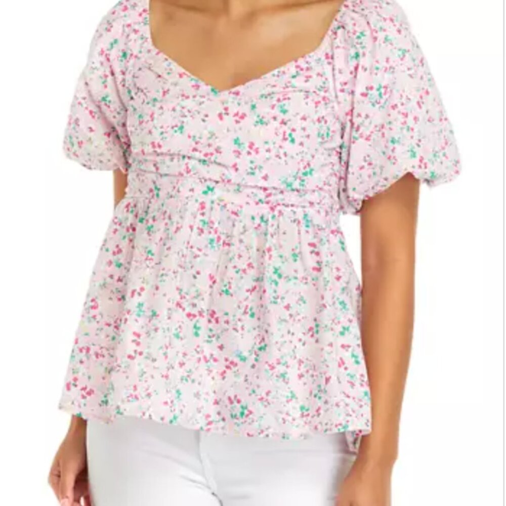 Women's Short Puff Sleeve Printed Top - Size XS
